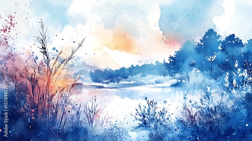 Watercolor lake landscape