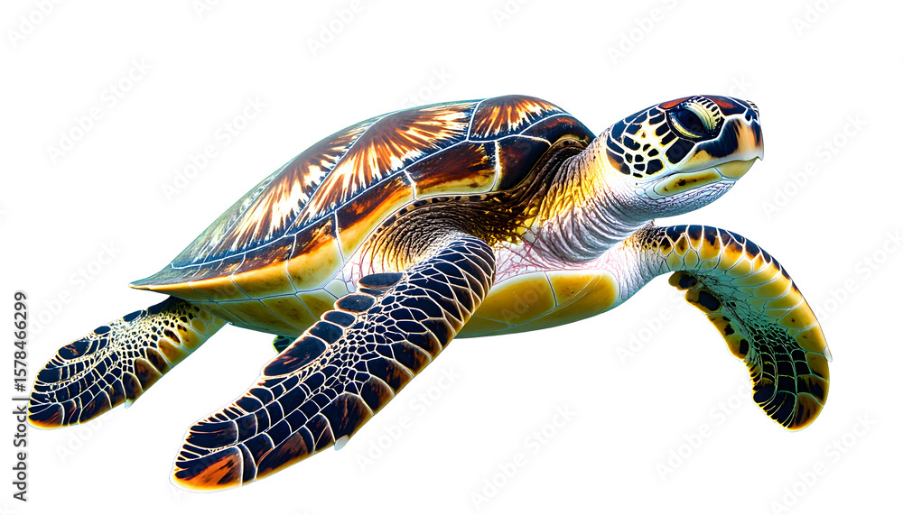 Fototapeta premium A vibrant sea turtle swims isolated on transparent background, showcasing its detailed shell and flippers.
