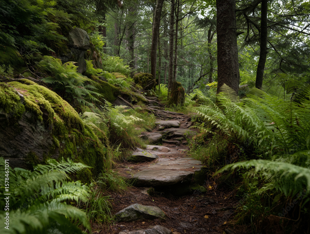 Wide View of a Forest Trail Lined with Ferns and Moss-Covered Rocks Wide View of a Forest Trail Lined with Ferns and Moss-Covered Rocks