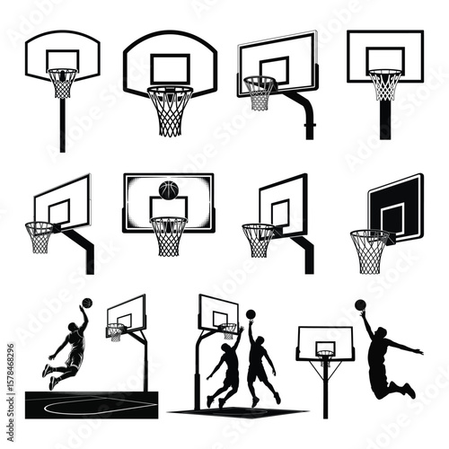 A Basketball hoop and player silhouettes set against a white background