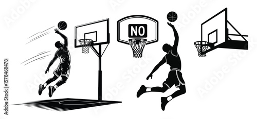 A Basketball hoop and player silhouettes set against a white background