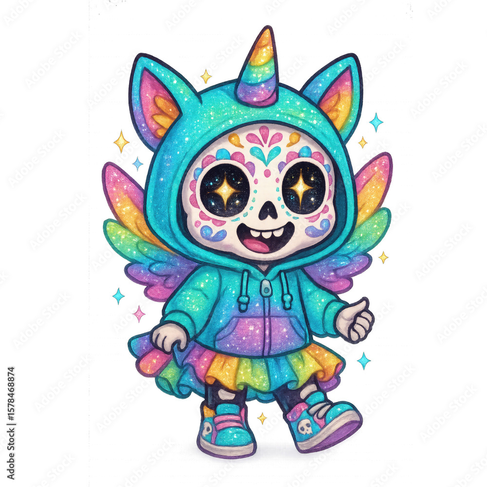 Fototapeta premium A colorful, glittery cartoon skeleton child wearing a unicorn hoodie with wings, a rainbow skirt, and sneakers, all decorated in vibrant, starry, and whimsical designs.