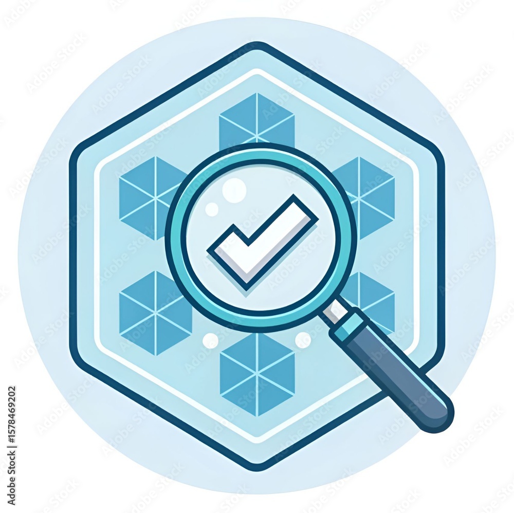 Verified Secure Data Protection: Cool Blue Hexagon Check Mark Magnifying Glass Illustration Verified Secure Data Protection: Cool Blue Hexagon Check Mark Magnifying Glass Illustration