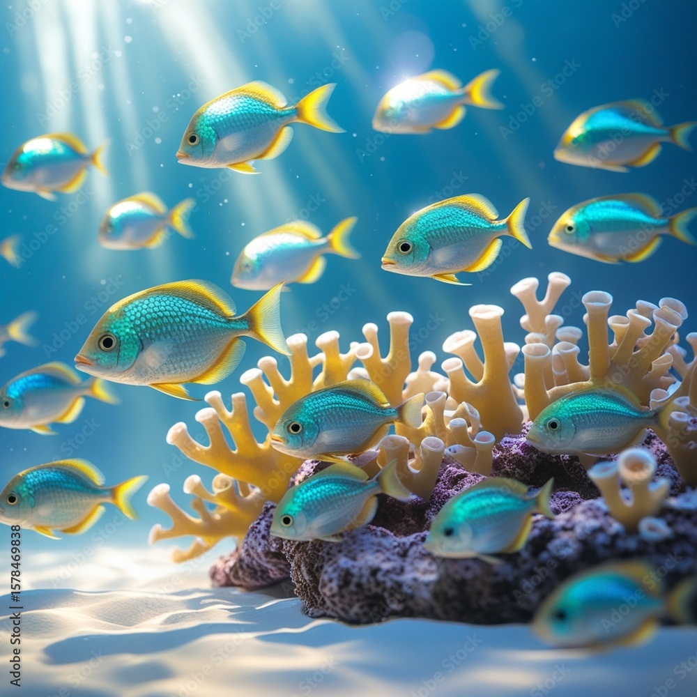 Fototapeta premium Colorful marine fish swimming gracefully around vibrant coral reef ecosystem.
