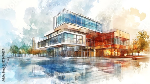 Watercolor style modern architectural rendering