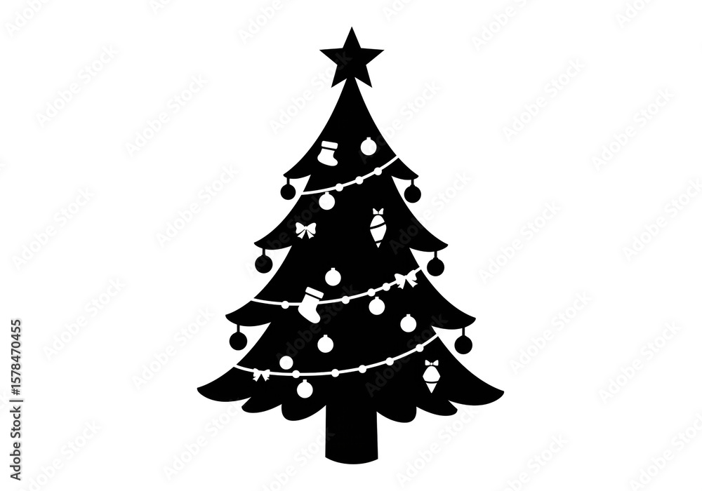 Fototapeta premium A silhouette of a christmas tree decorated with ornaments and string lights on a white background