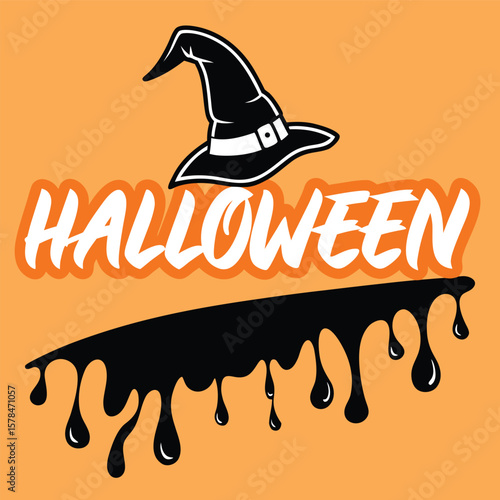 Stylized Halloween design featuring a black silhouette likely a spooky scene with potential elements like a haunted house bats or a graveyard rendered in CMYK