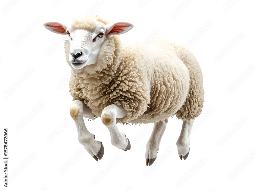 Fototapeta premium A fluffy white sheep leaping gracefully isolated on transparent background.
