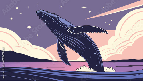Illustration of a breaching whale in the ocean under a starry sky with clouds and a distant landmass
