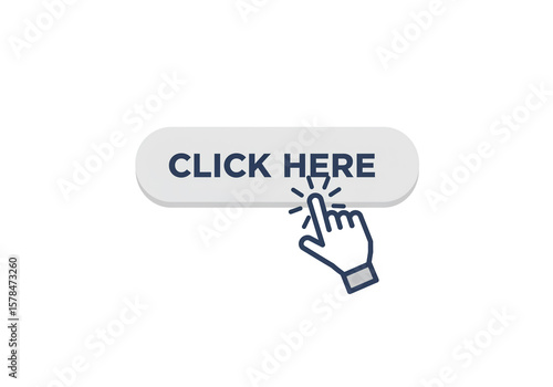 A cartoon hand pointing at a button that says click here on a white isolated background vector image