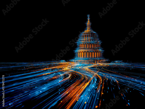 Digital light trail of a government building against a black background