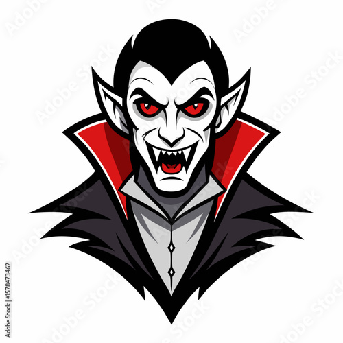 Stylized black and white vampire face with flowing cape and sharp fangs
