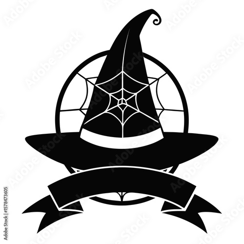 Halloween witch hat silhouette with spider web and ribbon decoration