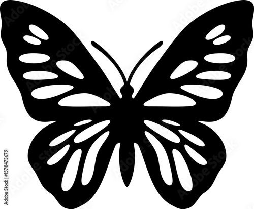 Black silhouette of a decorative butterfly with symmetrical wings. Ideal for papercut crafts, tattoos, graphic design, and nature-themed projects.