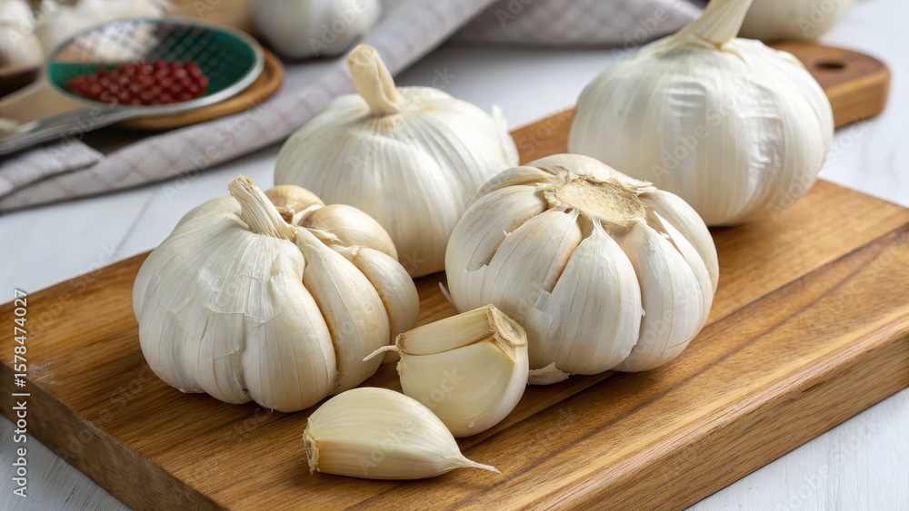 Fototapeta premium Fresh Organic Garlic Bulbs on Wooden Cutting Board Background