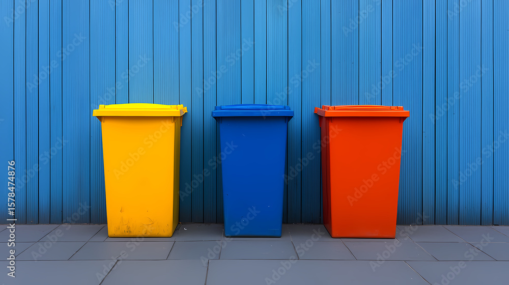Fototapeta premium Three colorful recycling bins-yellow, blue, and orange-stand side by side against a blue corrugated wall on a tiled surface.