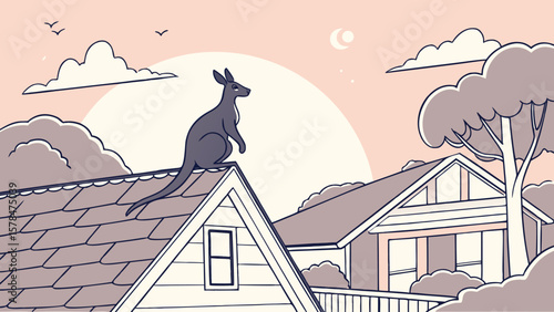 A kangaroo sits atop a house roof watching birds fly by with a sun and moon in the sky background