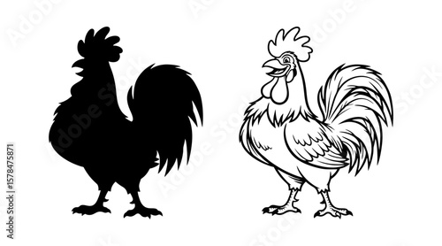 A versatile set featuring two styles of roosters: a bold black silhouette and a detailed line art illustration of a crowing rooster. Ideal for farm-themed designs, logos, or as a symbol.