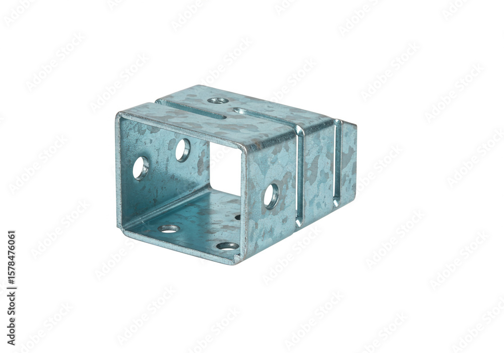 Obraz premium A galvanized metal square bracket with holes on a white background in a studio shot