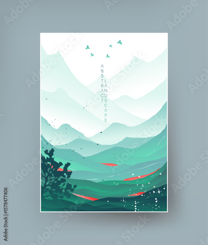 Abstract landscape in oriental style in turquoise tones.