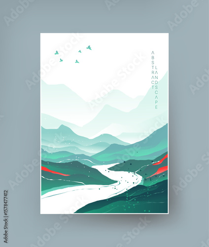 Abstract landscape in oriental style in turquoise tones.