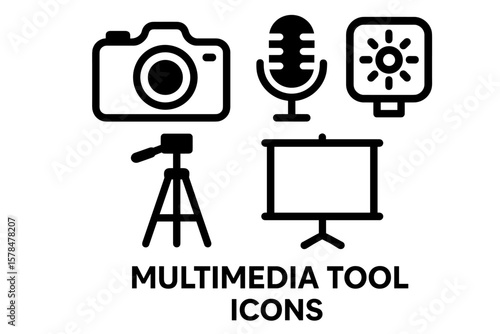 Multimedia tool icons: camera, microphone, tripod, lighting, screen