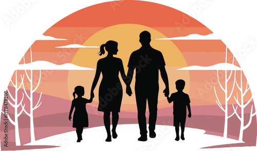 Family silhouette parents with two daughters, family walking together