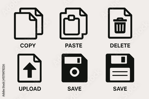 Icon set illustrating basic file operations like copy, paste, delete, upload, and save