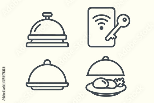 Hotel service icons: bell, room key, cloche, meal tray line art