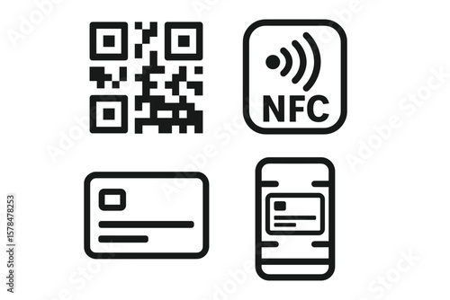 Qr code nfc contactless payment icons on white background
