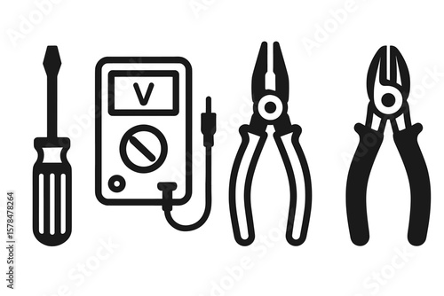 Essential electrical tools: screwdriver, multimeter, pliers, wire cutter icons