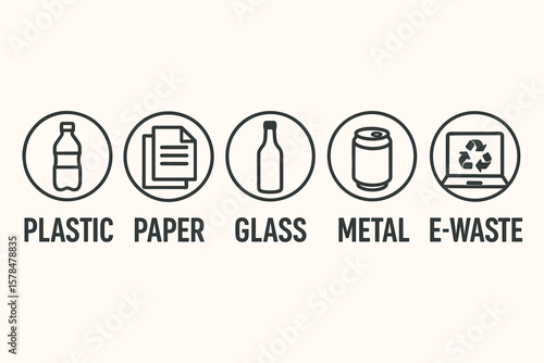 Recycling symbols for plastic, paper, glass, metal, and e-waste disposal guidance