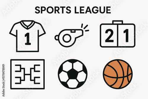 Sports league icons: jersey whistle scoreboard bracket soccer basketball