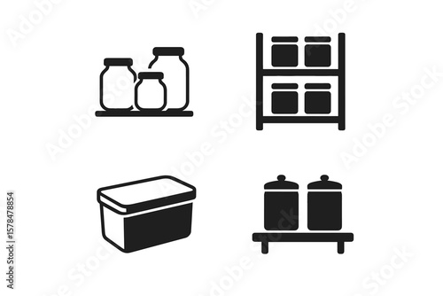 Set of kitchen storage containers and shelves icons in black and white
