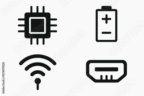 Technological icons: microchip, battery, wi-fi, hdmi connections