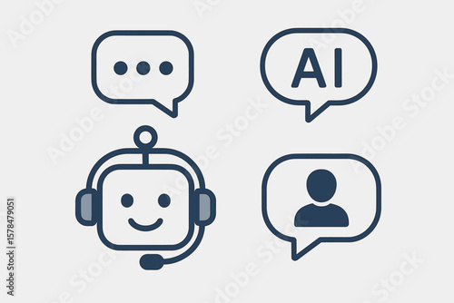 Ai chatbot interface elements: icons of robot, speech bubbles, and user profile