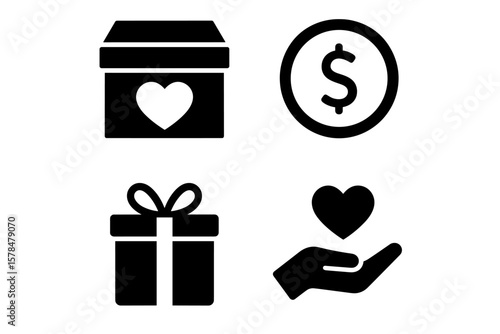 Charity icons: donation box, money symbol, gift, heart in hand