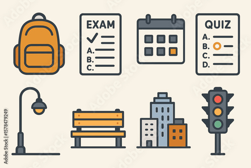 Set of school and city icons: backpack, exam, quiz, calendar, traffic light, lamp, bench, buildings