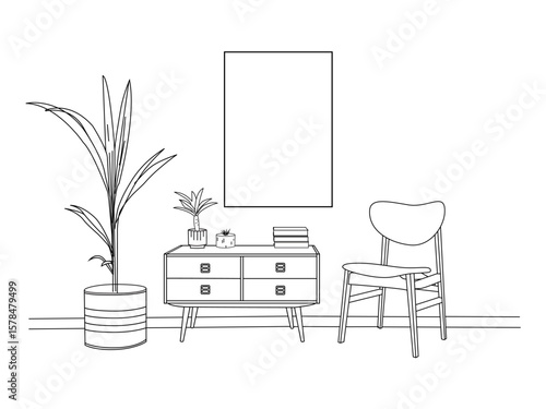 Modern living room with wooden chairs, a sideboard,Interior design with modern living room in black sketch line on white background.coloring book ,black and white illustration in sketch style.
