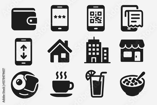 Set of black food and technology icons featuring wallet, smartphone, and buildings