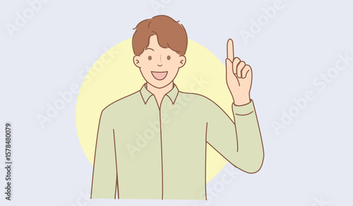 A cheerful young man smiles brightly, looking directly at the viewer, with one finger raised as if presenting an idea, making a point, or signaling awareness. The simple, clean line art style and soft