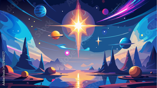 winter landscape with moon and stars