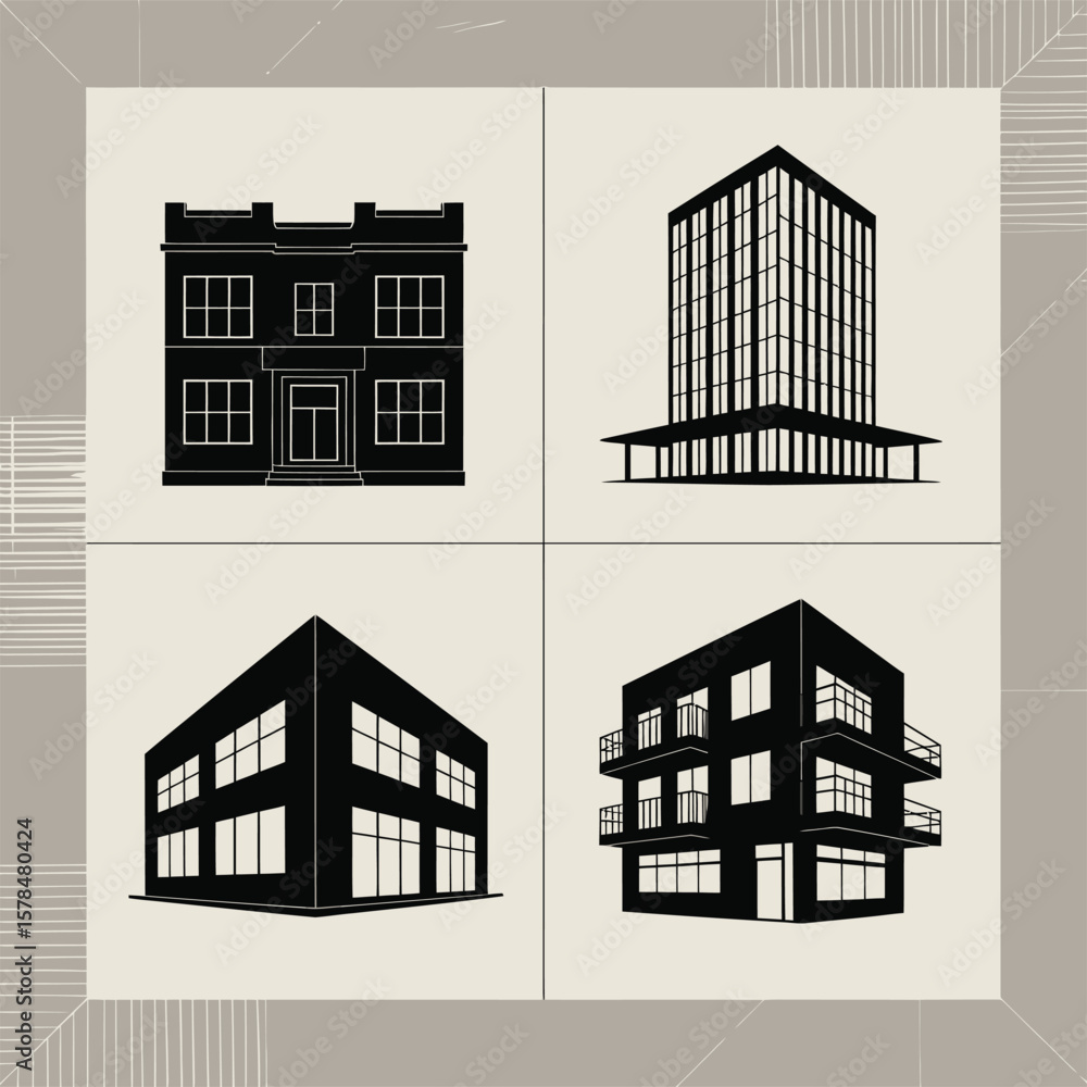 Fototapeta premium Vector Architecture & Real Estate Silhouettes: Diverse Building Styles for Urban and Commercial Projects.