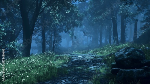 Tranquil forest path at dusk