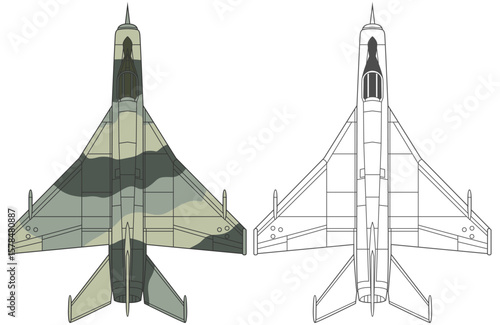Set MIG-21 russia military aircraft design in line art and colored style from top view. Vector illustrations blueprint colorful mig 21 fighter jet. Outline drawing uni soviet combat aeroplane.
