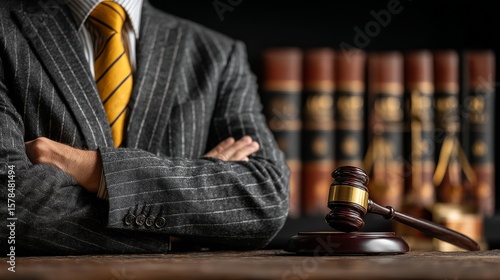 Confident professional in dark gray pinstripe suit and bright yellow tie, arms crossed, with polished wooden gavel and gold-detailed law books in a formal, authoritative legal setting.