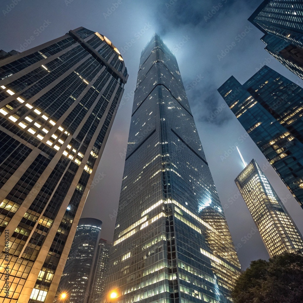 Fototapeta premium Night Skyscrapers Tall Building Bottom View