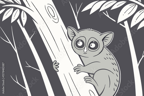 A cute tarsier clinging to a tree trunk in a forest with stylized leaves and branches in monochrome tones