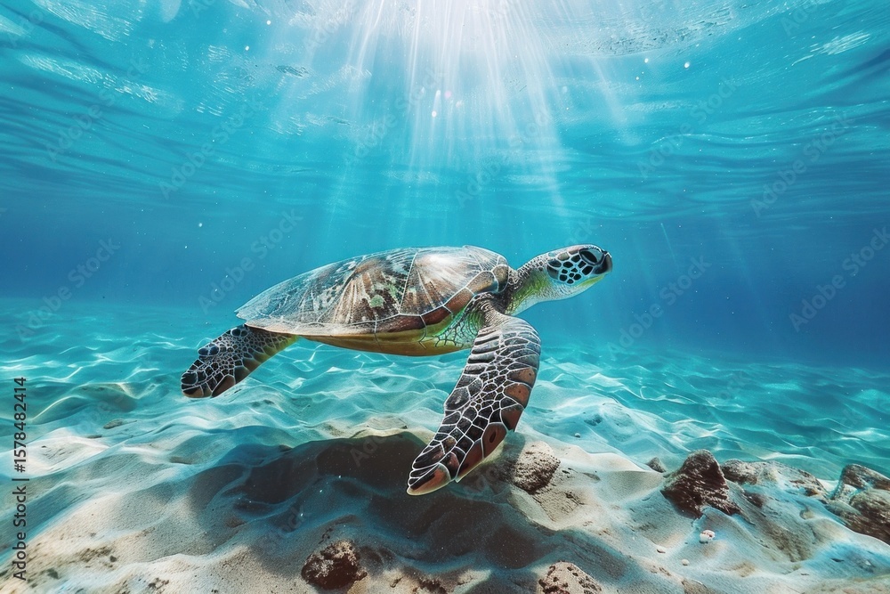 Fototapeta premium Sea Turtle's graceful journey underwater with radiant sunlight beams