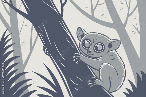 Illustration of a tarsier clinging to a tree trunk in a forest with tall grass and other trees behind it